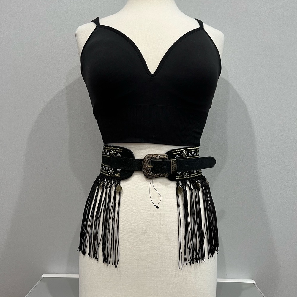 Free People Suede Fringe Embroidered Corset Black Boho Hippie Belt Womens S 28